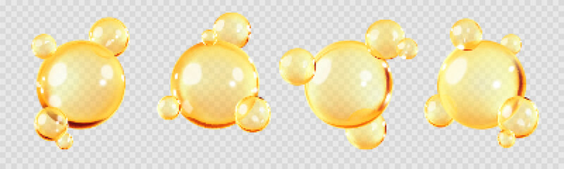 Gold oil capsules, vitamin round pills. Cosmetics, omega 3 golden bubbles. Serum droplets or collagen essence isolated on transparent background