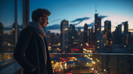 Casual portrait of a man on a city balcony, high-rise view, relaxed posture, evening city lights