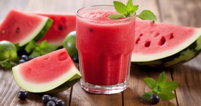 The Vibrant Appeal of a Fresh Watermelon Smoothie Served on a Natural Wood Table. Generative AI