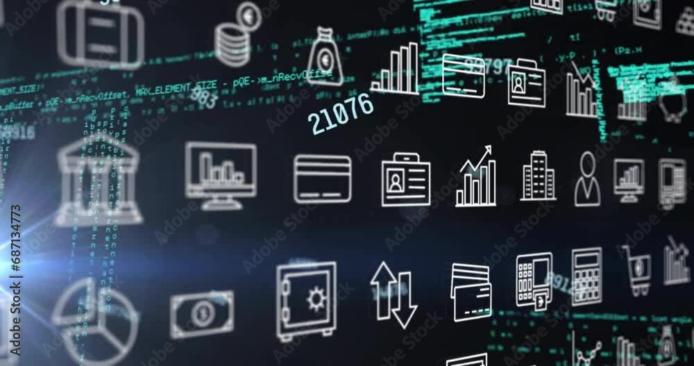 Poster animation of financial data processing and rows of business icons over dark background