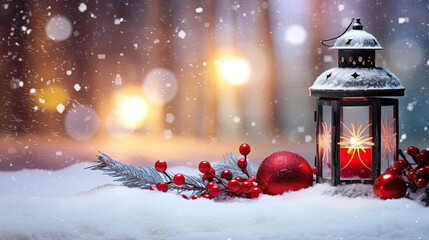 Fototapeta premium a lantern with a lit candle and a Christmas ornament placed in the snow. It's suitable for holiday-themed designs, greeting cards, and winter-themed promotions.. Winter Decoration,new year