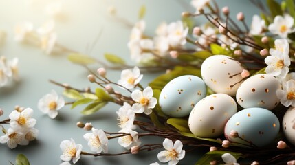 A bunch of eggs sitting on top of a bunch of flowers. Rustic Easter background.