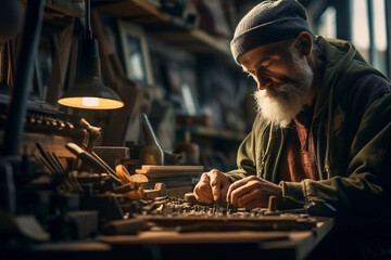 Artisan in workshop, focused on crafting, surrounded by tools and raw materials, rich textures