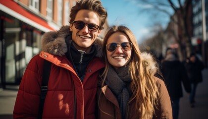 Cheerful happy young couple enjoying beautiful snowy day looking at camera and smiling, travelling during winter holidays concept
