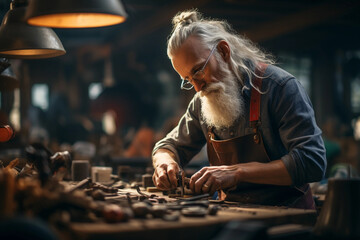 Artisan in workshop, focused on crafting, surrounded by tools and raw materials, rich textures