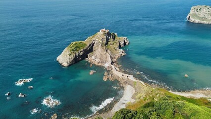 drone photo San Juan of Gaztelugatxe, Gaztelugatxeko San Juan ermita spain europe