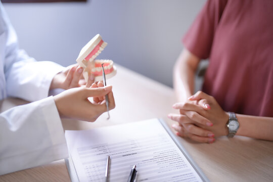Asian dentist doctor women holding model of human jaws with teeth explaining about oral dental treatments to female patient while examination teeth and discussion about dental health in dental clinic