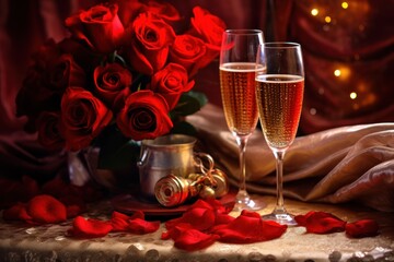 champagne and  red roses for Valentine's Day
