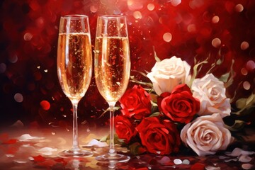 champagne and  red roses for Valentine's Day