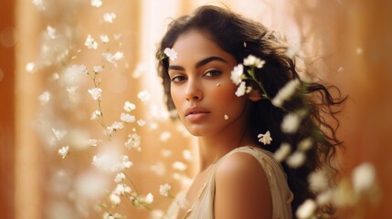 Brown woman surrounded of vanilla flowers looking at camera