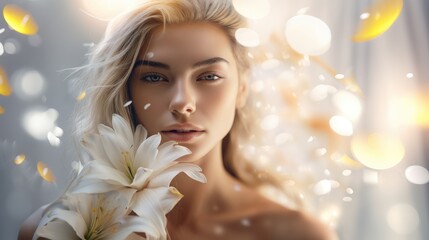 Blond woman surrounded of vanilla flowers looking at camera