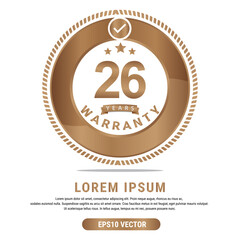 26 Year warranty vector art illustration in gold color with fantastic font and white background. Eps10 Vector