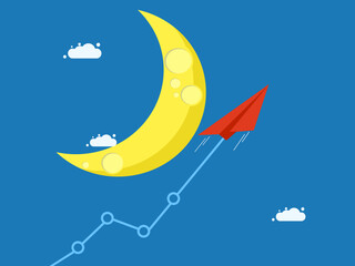 Stock trading or stock prices rising. paper plane takes a growth chart and flies to the moon. vector