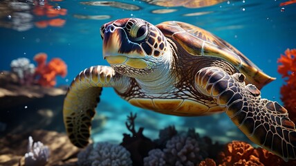 Obraz premium A close-up of a majestic sea turtle gracefully swimming through crystal-clear waters, surrounded by schools of shimmering fish in their underwater habitat