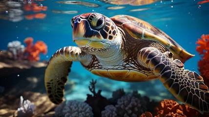 Fotobehang A close-up of a majestic sea turtle gracefully swimming through crystal-clear waters, surrounded by schools of shimmering fish in their underwater habitat © Naqash