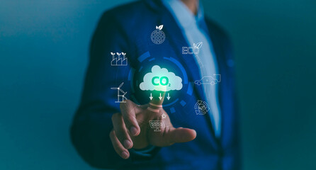 Greenhouse gas carbon reduce CO2 emissions to limit global warming and climate change, green environment energy neutral decarbonize technology recycle pollution, electric transport, offset planting. - obrazy, fototapety, plakaty