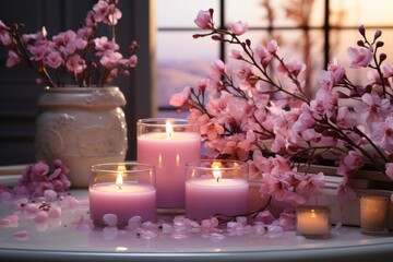   spa still life, pink candles and  pink flowers in vase
