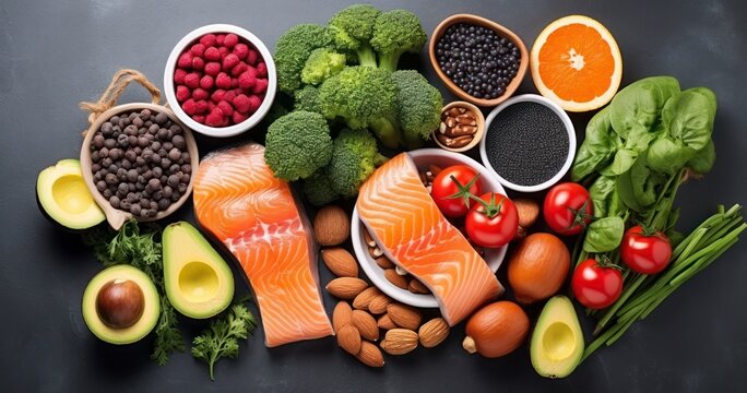 Top view of Healthy food selection. Detox and clean diet concept. Foods high in vitamins, minerals and antioxidants. Generative AI