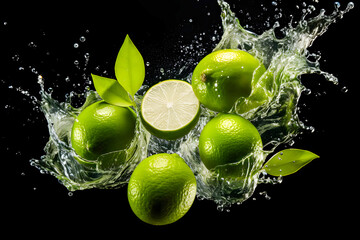 Green limes falling with water splashes on black background. Closeup shot of green limes isolated on a black background.
