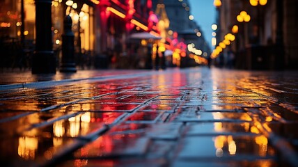 A city street during a gentle rain, with wet pavement reflecting the colorful lights, creating a...