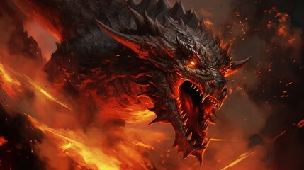the dragon attacking with fire, fire dragon, extreme angle, highly detailed, contained chaos - obrazy, fototapety, plakaty