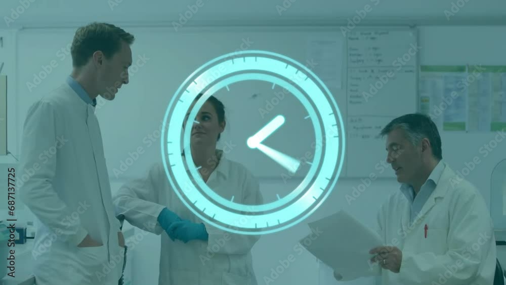 Poster animation of moving clock over diverse male and female scientist in lab