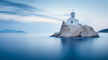 A church built on a small rocky island in the calm sea.