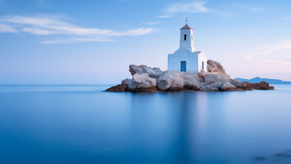 Fototapeta na wymiar A church built on a small rocky island in the calm sea.