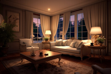 Naklejka na ściany i meble Cozy living room at night with warm lighting, comfortable sofa