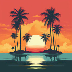 a serene beach sunset with minimalistic palm tree silhouettes.