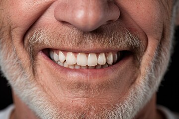 Fototapeta premium White teeth of an elderly man with gray stubble. Close-up.