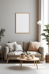 Mock up for a vertical frame, minimalist living room interior with a blank frame, gray sofa, indoor plant