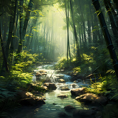 a tranquil bamboo forest with sunlight filtering through the leaves.
