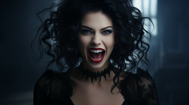 Beautiful brunette woman with curly hair dressed in black with scarlet lips screaming looking at camera