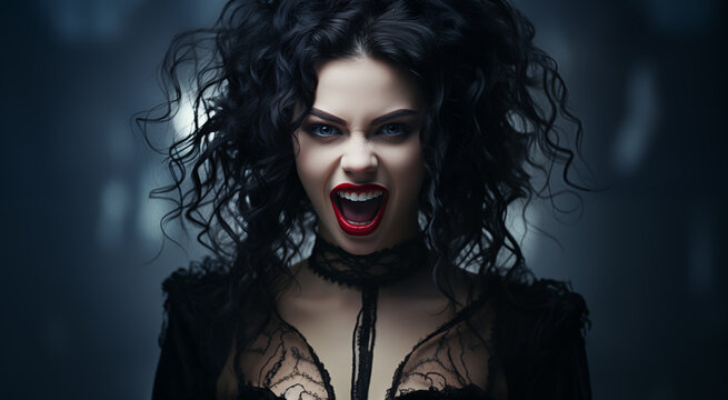 Beautiful brunette woman with curly hair dressed in black with scarlet lips with growling or hissing face expression