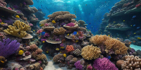 Naklejka na ściany i meble underwater world of coral reefs, where a myriad of colors and marine life creates a mesmerizing spectacle. ai generative