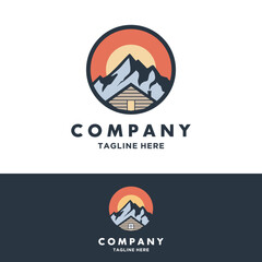 Minimalist Logo design template for house or cabin rental with mountain. home logo construction. house mountain logo template Vector illustration
