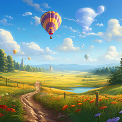 a peaceful meadow with a hot air balloon in the distance.