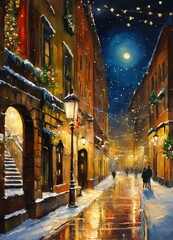 A watercolor painting, a narrow street decorated for Christmas, at night with a full moon