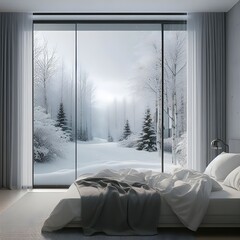 a bedroom with a large window. The window is a sliding glass door with a white frame. The window looks out onto a snowy scene with trees and bushes covered in snow. The bed is unmade with white sheets