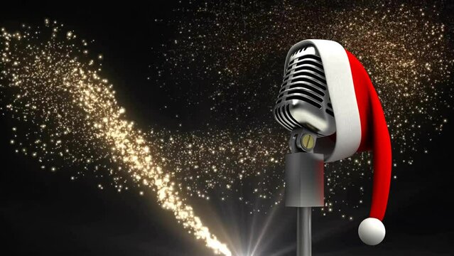 Animation of retro microphone with christmas santa hat with shooting star