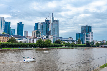 FRANKFURT, GERMANY - July 19 2023: Pleasure boat on Rhine River, Germany. A European River Cruise.