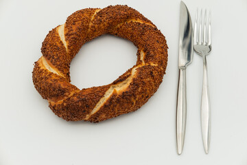Traditional Turkish bakery bagel shot on a white background
