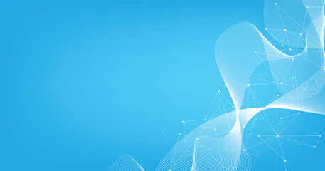 Lines connected to dots on blue background. Internet network connection design for website, communication, science, Digital futuristic Earth minimalist background.background