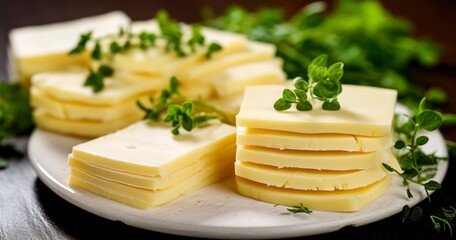 The Subtle Elegance of Cheese Slices. Cheese slices with fresh herbs. Generative AI