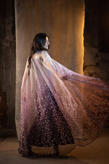 A beautiful brunette in a beautiful fantasy dress with sequins, a long flying cloak or cape on her...