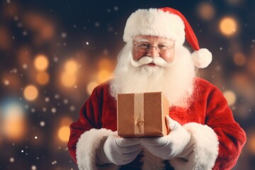 A man dressed as Santa Claus holding a beautifully wrapped present. This image can be used for Christmas and holiday-themed designs and promotions