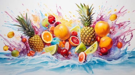 a tropical paradise, featuring a burst of colorful fruits and splashes of juice, celebrating the freshness and zest of a tropical fruit juice art on a pristine white canvas.