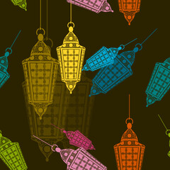 Editable Flat Style Hanging Arabian Lamps Vector Illustration With Various Colors as Seamless Pattern With Dark Background for Islamic Occasional Theme Such as Ramadan and Eid or Arab Culture