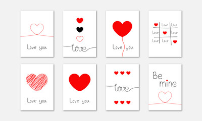 Set of vector greeting cards for Valentine's Day. Vector postcards with different illustrations on an isolated background. 8 white postcards with a declaration of love. Vector EPS 10